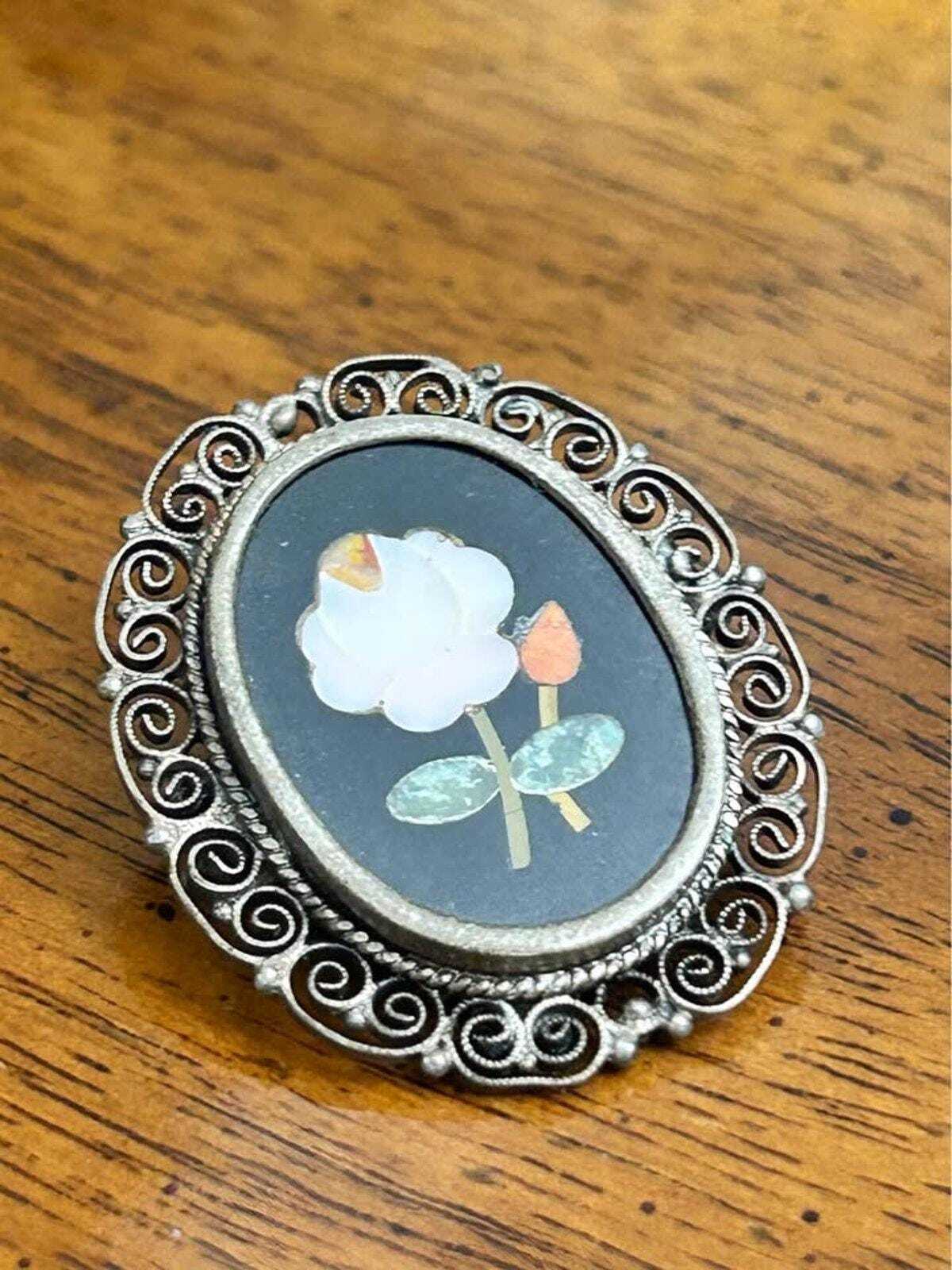 Vintage Italian 800 Silver Pietra Dura Style Floral Shell Inlay Brooch Pendant