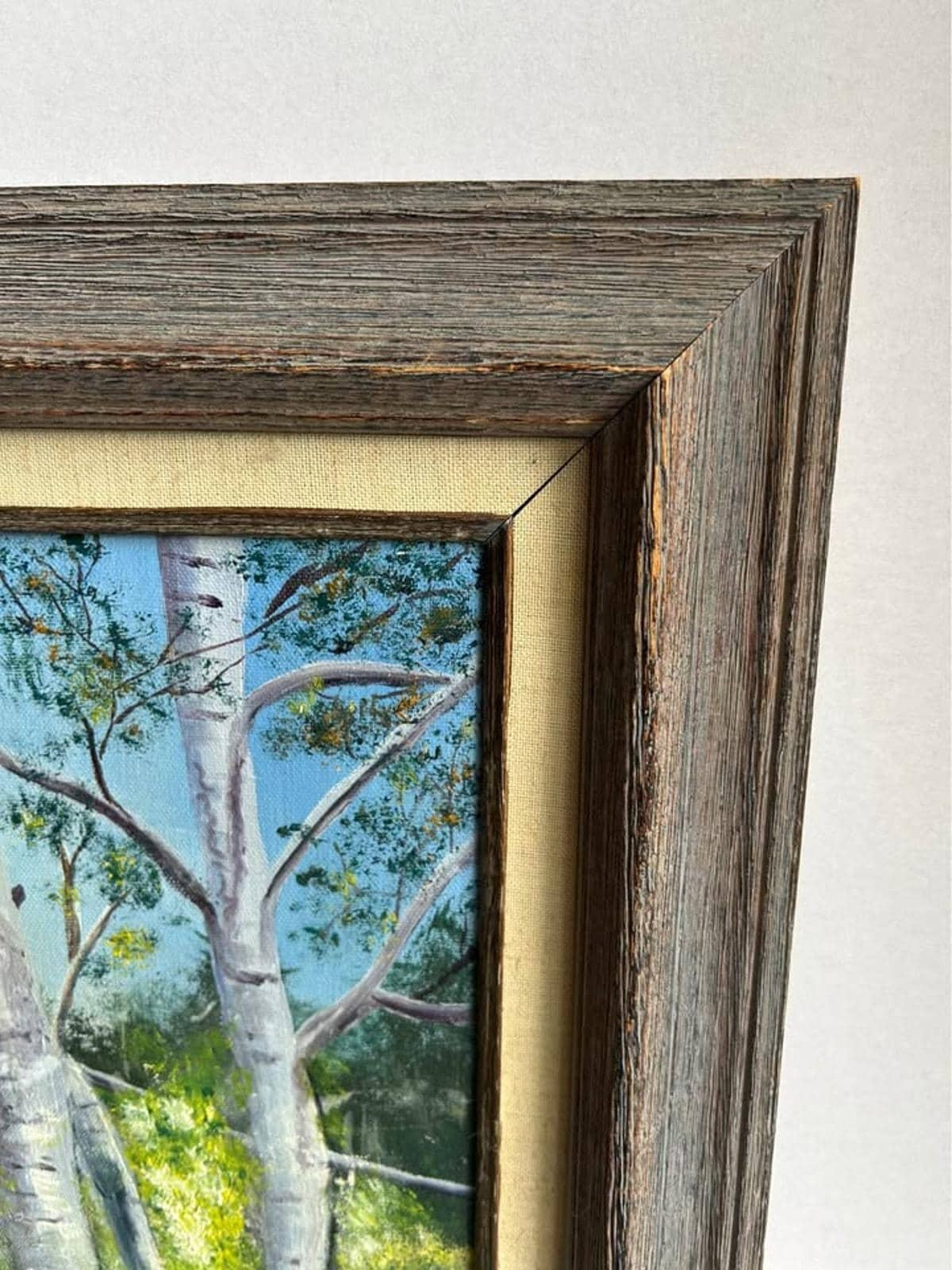 Joni Lewis Original Oil Painting - Birch Trees and Lake Landscape, 1975 - Framed 27x21.5