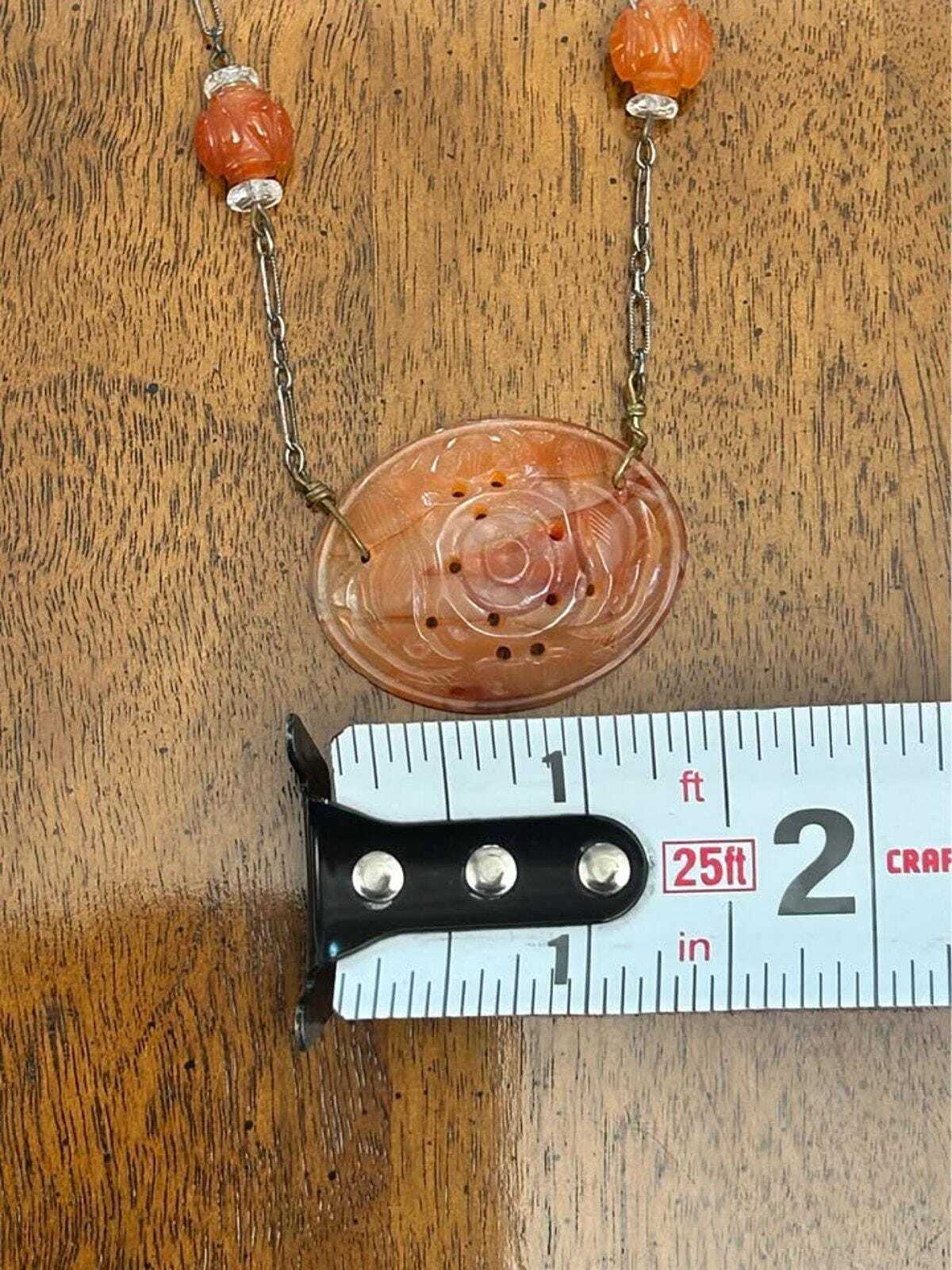 Antique Chinese Export Carved Carnelian Repurposed Button Pendant Sterling Silver Necklace