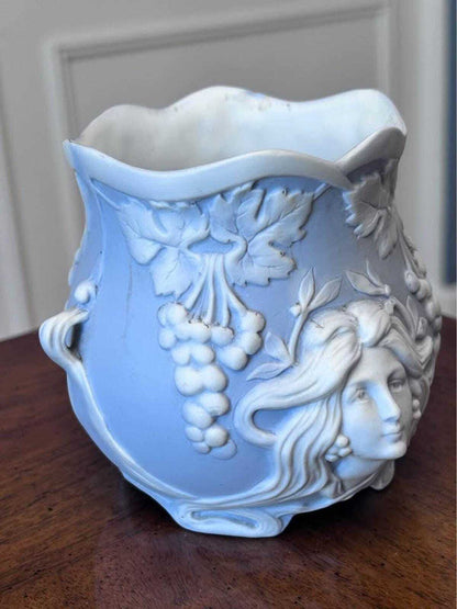 Antique Schafer & Vater Blue Bisque Porcelain Art Nouveau Maiden Vase