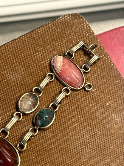 Vintage 12k Gold Filled Double Link Scarab Bracelet - Multi-Gemstone Egyptian with Safety Chain