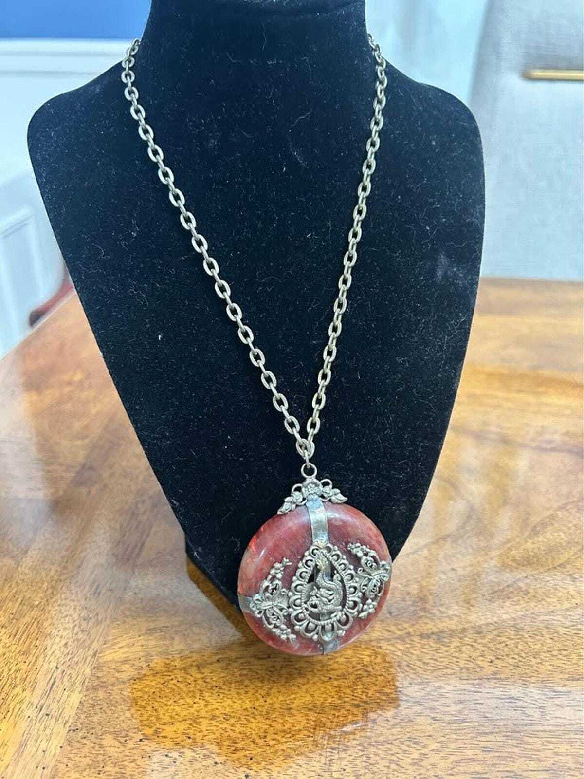 Vintage Chinese Export Carnelian Disc Dragon Pendant Necklace