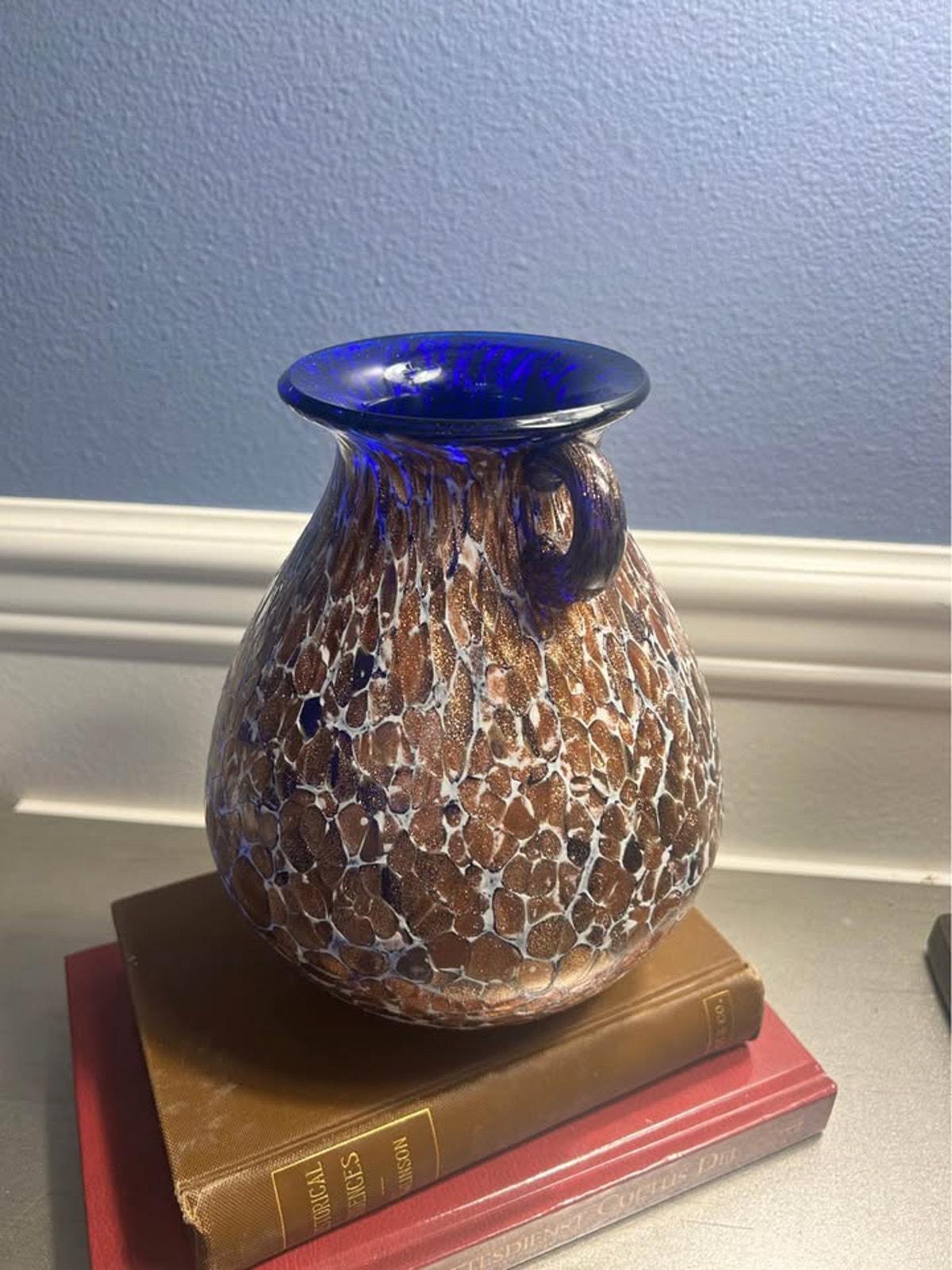Vintage Cobalt Blue and Gold Aventurine Cased Art Glass Two Handled Amphora Urn Vase
