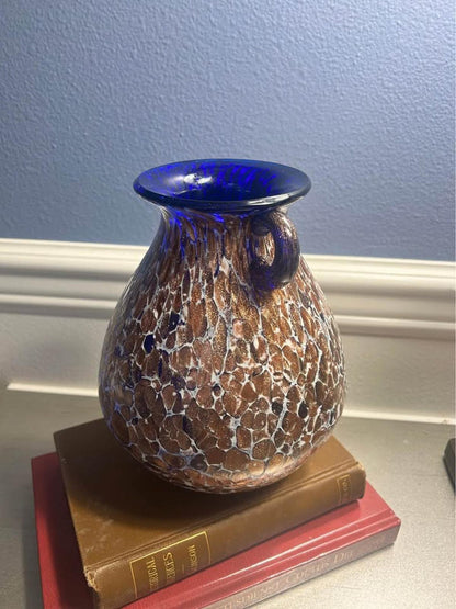 Vintage Cobalt Blue and Gold Aventurine Cased Art Glass Two Handled Amphora Urn Vase