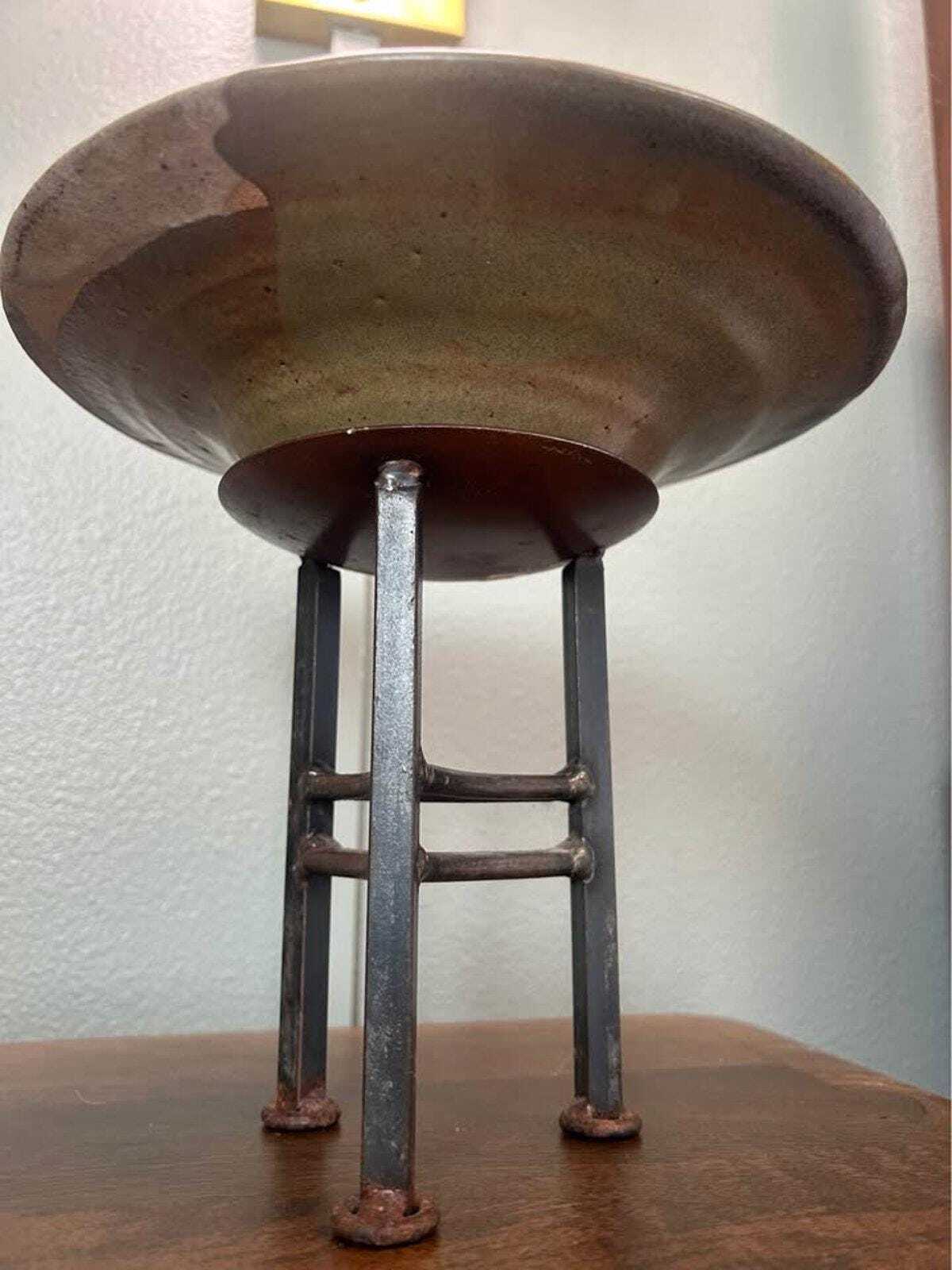 Signed Studio Pottery Bowl on Hand-Forged Iron Tripod Standard