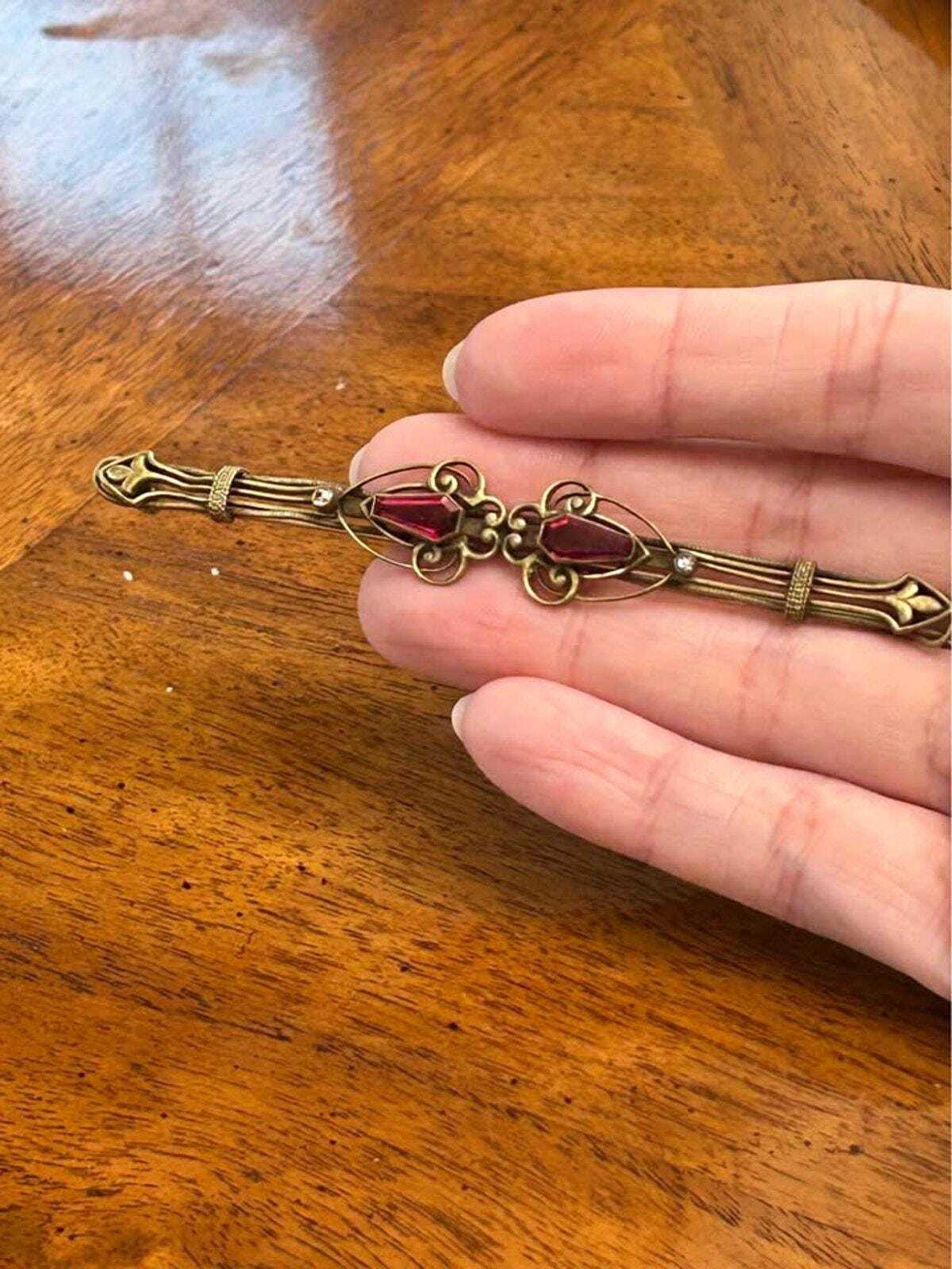 Antique Edwardian Gold Filled Wirework Bar Brooch with Red Coffin Cut Paste Stones