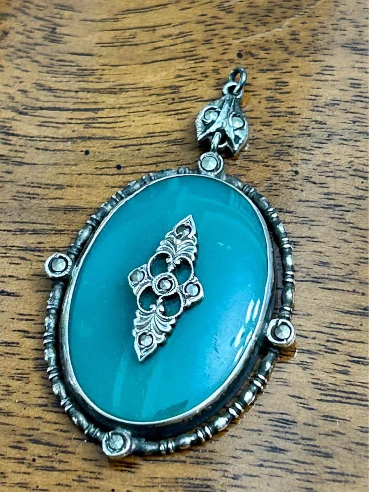 Antique Art Deco Sterling Silver Green Chrysoprase Marcasite Pendant