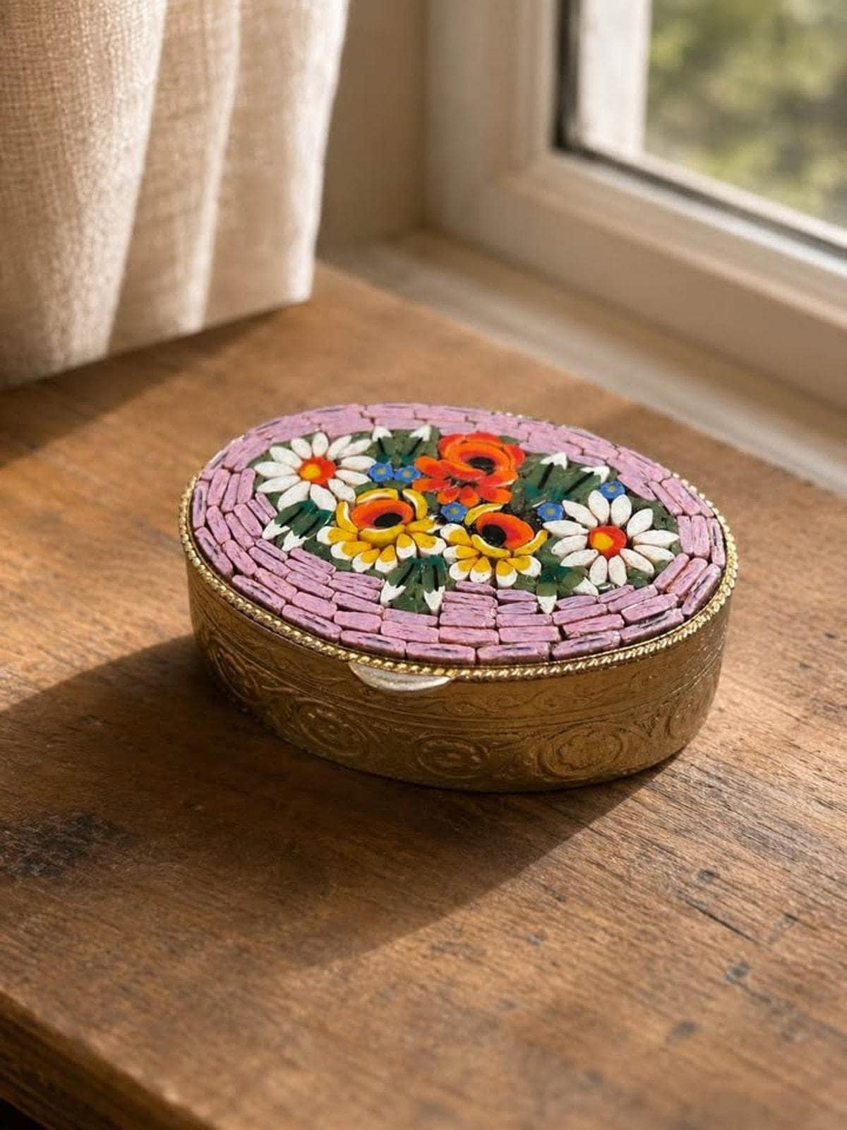 Vintage Italian Micro Mosaic Floral Pill Box