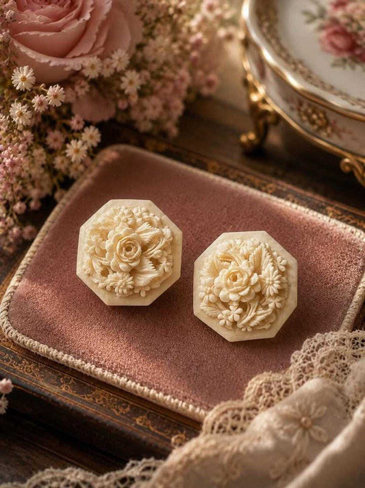 Vintage WELLS 14K Gold Carved Bone Large Floral Hexagon Stud Earrings