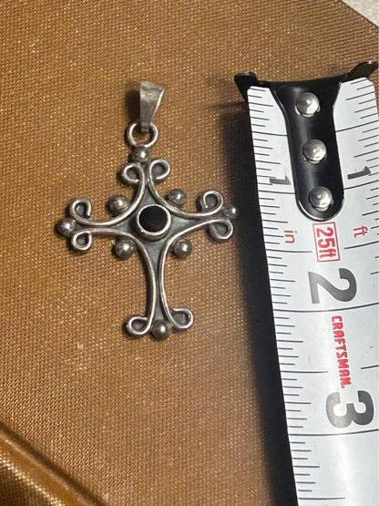 Vintage Sterling Silver Scrollwork Cross Pendant Black Cabochon Gothic Revival Artisan