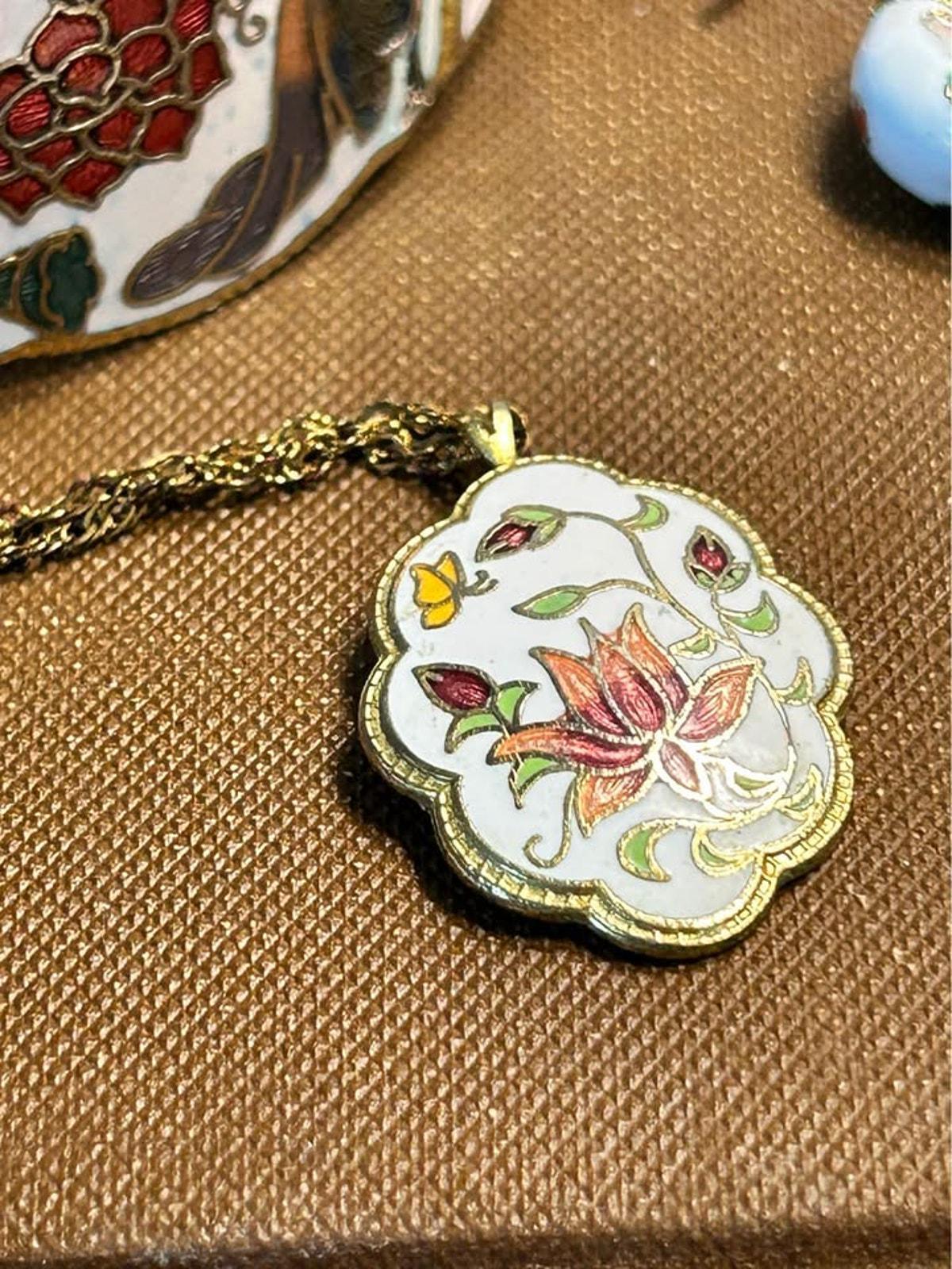 Vintage Chinese Cloisonné Jewelry Set | White Floral Butterfly Bangle, Pendant & Earrings