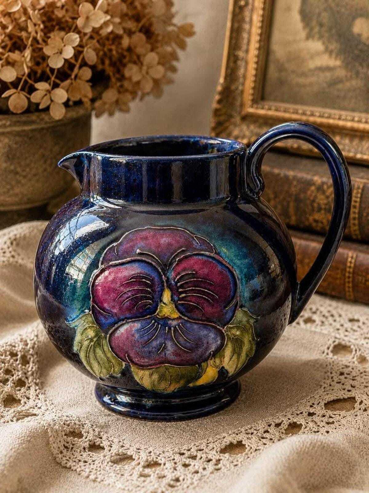Vintage Moorcroft Pottery Pansy Pitcher Tube Lined Floral Jug