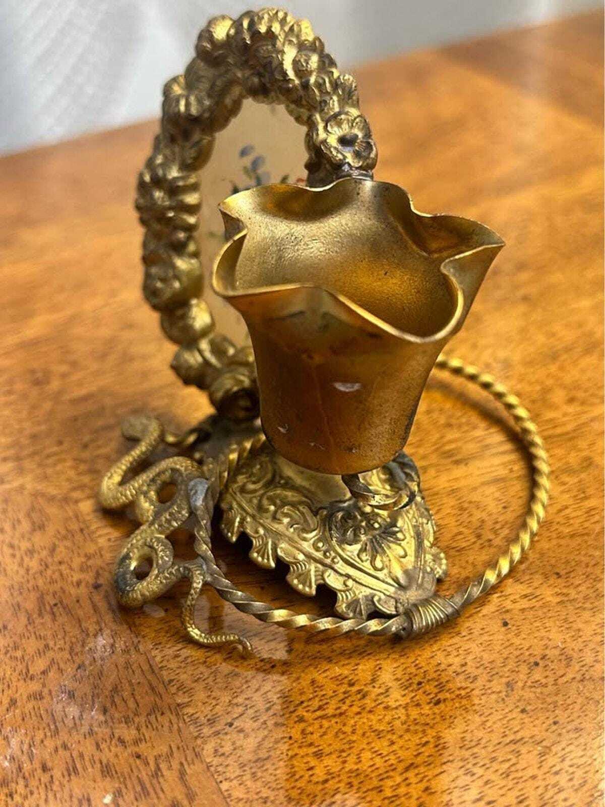 Antique Victorian Ormolu Brass Picture Frame and Spill Vase Desk Tidy with Serpent Motif