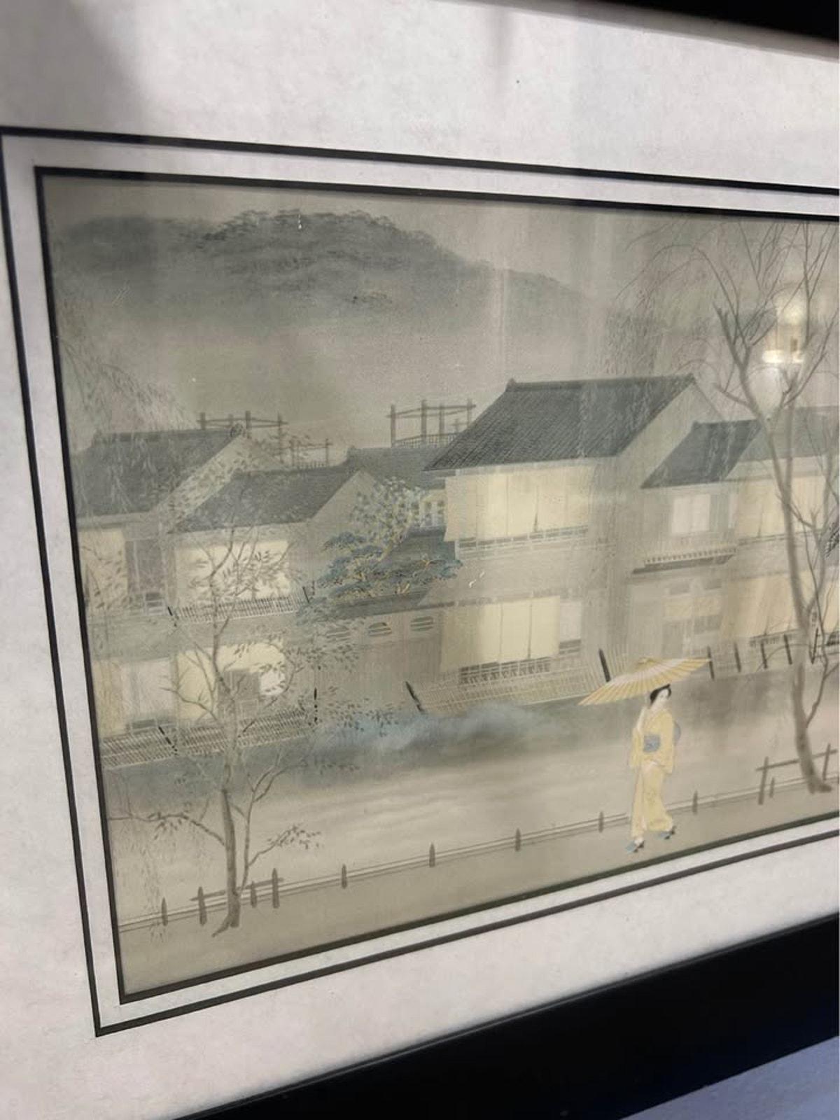 Vintage Japanese Woodblock Print - Geisha in Rain