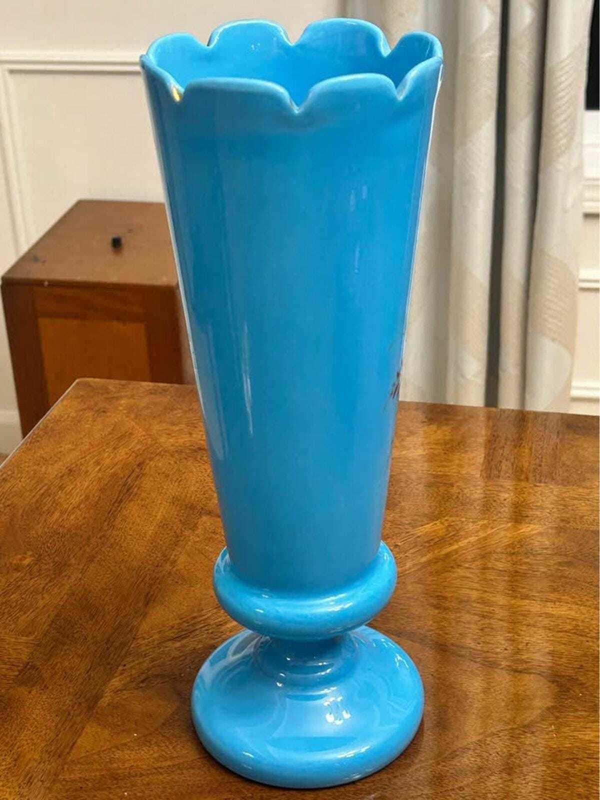 Antique Victorian Bristol Blue Glass Hand-Painted Enamel Floral Vase