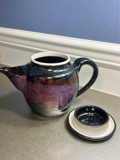 Larry Bruning Signed Porcelain Teapot | Leopard Black with Lilac & Cranberry Accents | Mid-90s Studio Work
