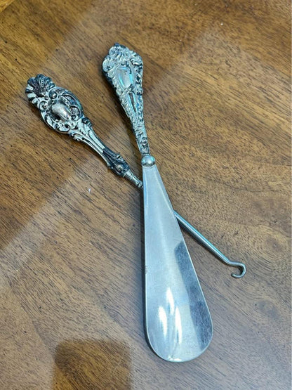 Antique Sterling Silver Repoussé Shoe Horn and Button Hook Vanity Set
