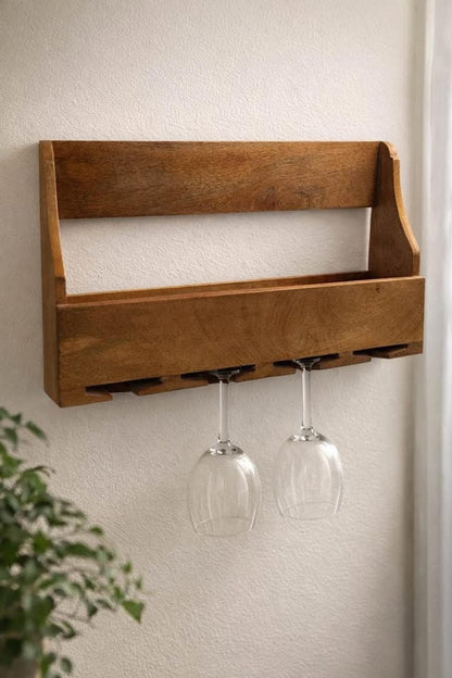 Handcrafted Mango Wood Wall-Mounted Wine Rack & Glass Holder