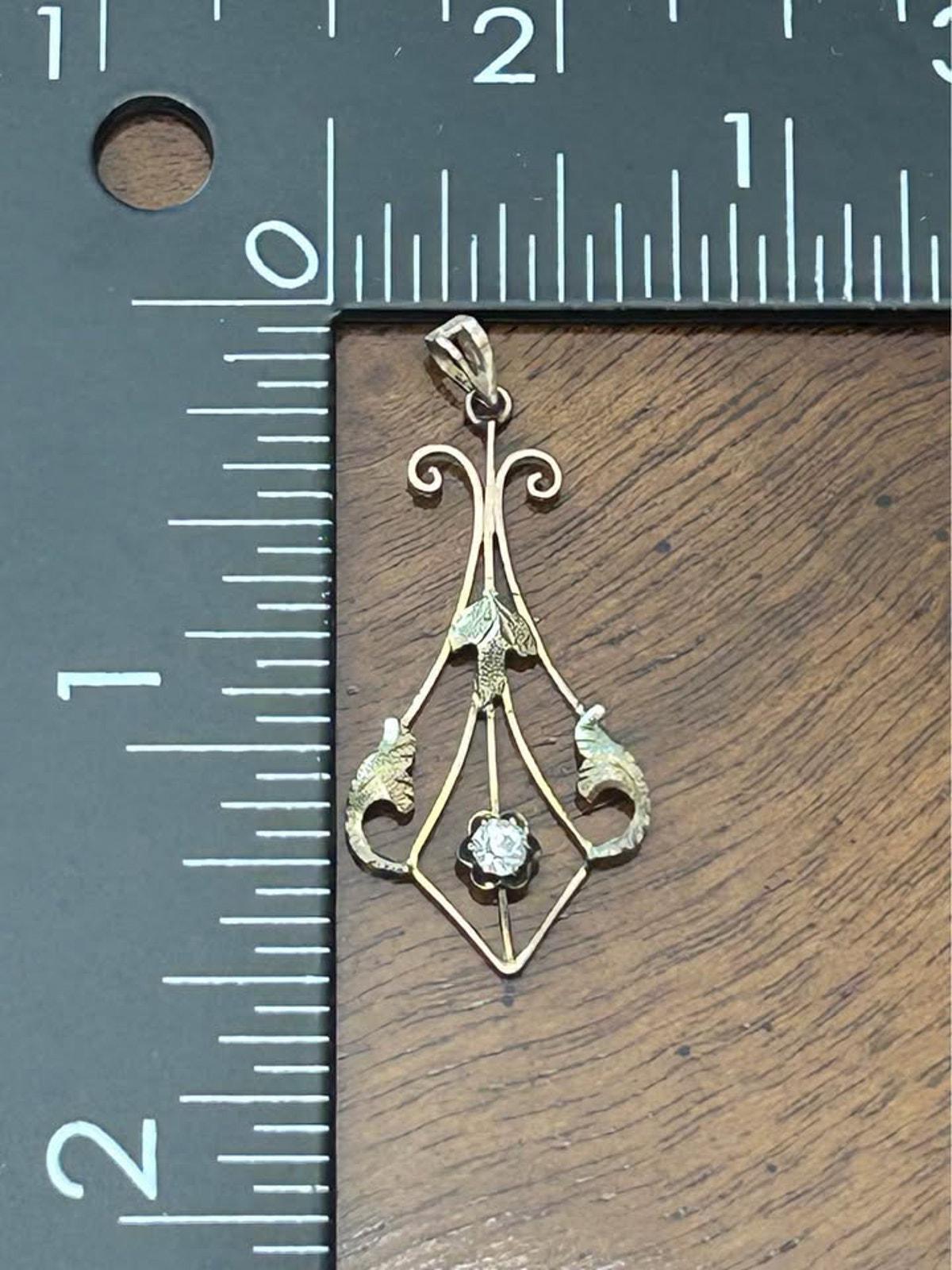 Antique Art Nouveau 10k Gold & Diamond Foliate Lavaliere Pendant