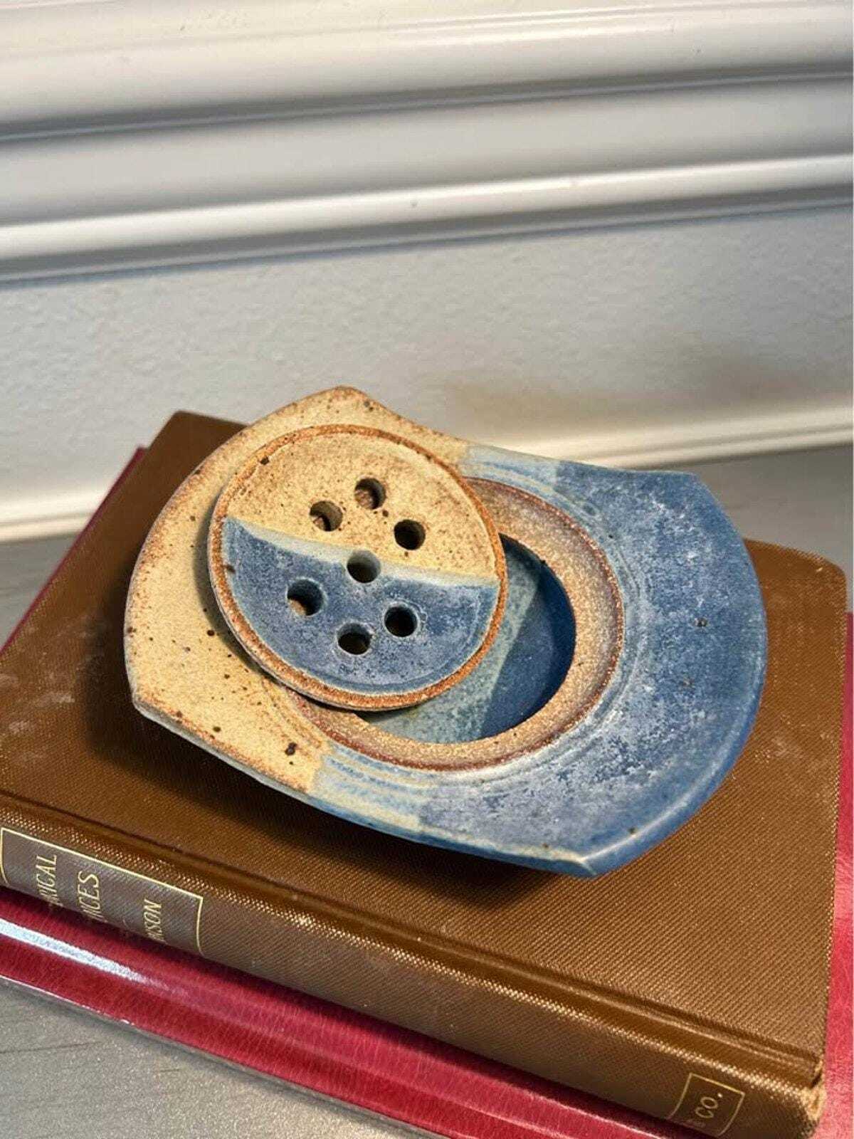 Studio Pottery Two-Piece Ceramic Soap Dish - Blue and Sand Glaze