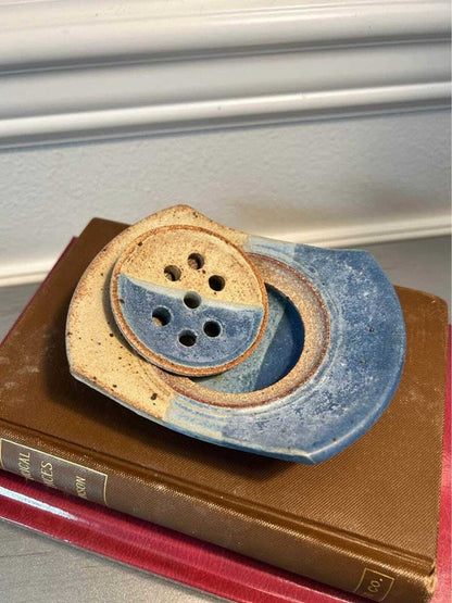 Studio Pottery Two-Piece Ceramic Soap Dish - Blue and Sand Glaze