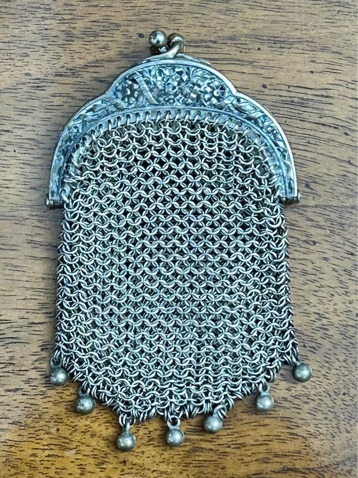 Antique Sterling Silver Chainmail Chatelaine Coin Purse With Repousse Frame