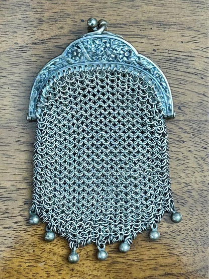 Antique Sterling Silver Chainmail Chatelaine Coin Purse With Repousse Frame