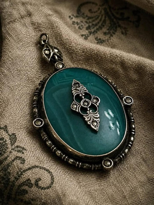 Antique Art Deco Sterling Silver Green Chrysoprase Marcasite Pendant