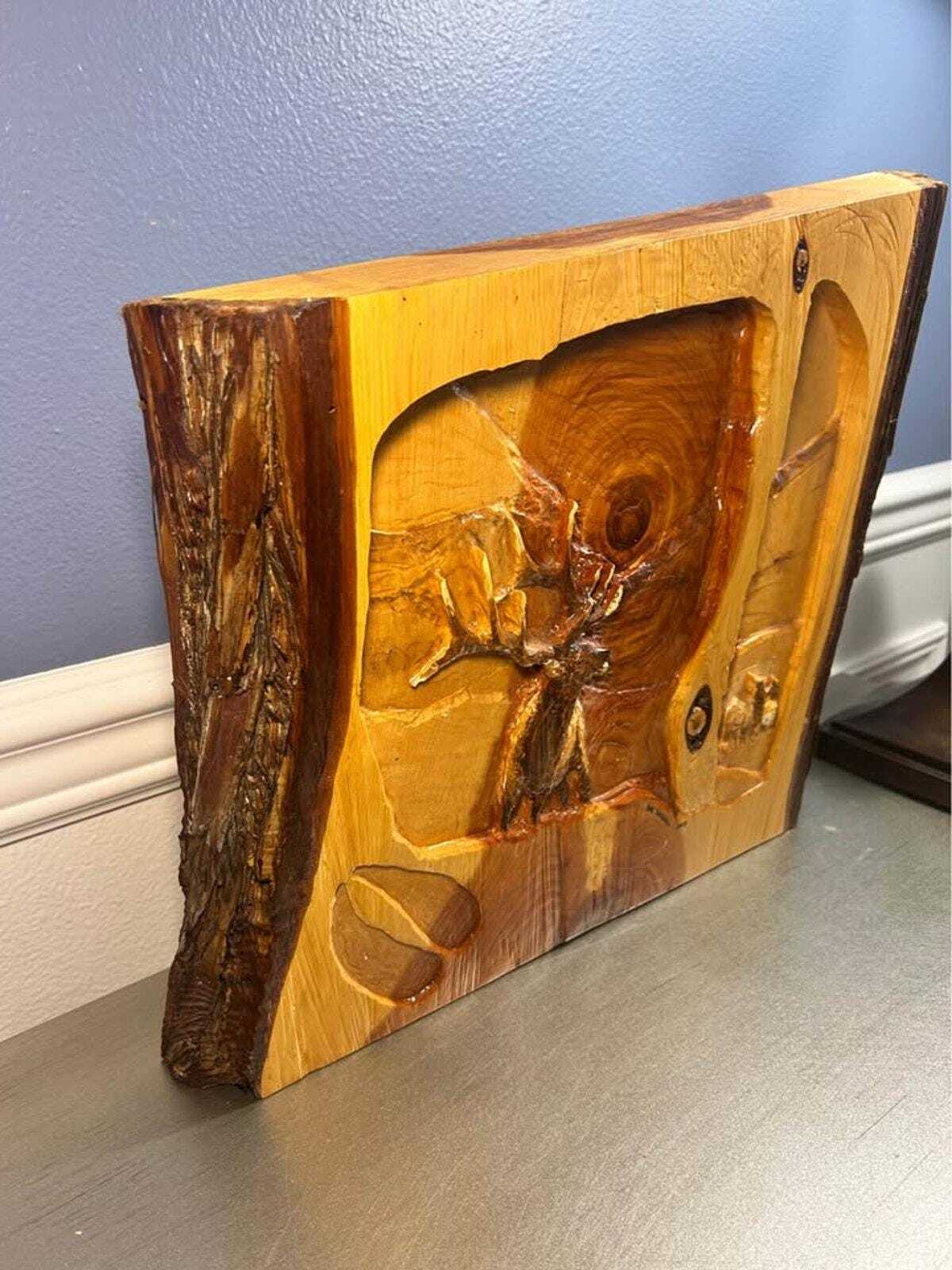Sue Cockrell Signed Relief Carved Elk Wood Wall Art