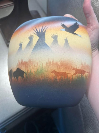 T. Blank Ome Signed Southwestern Pottery Vase - Hand-Painted Bison & Eagle Narrative