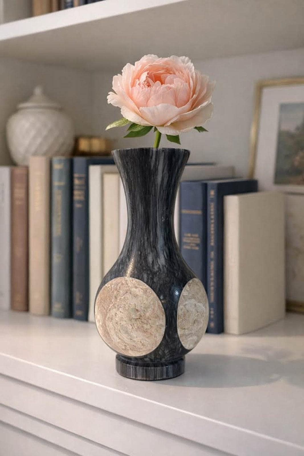 Vintage Black Marble Inlay Vase - Fossil Stone Circle Motif