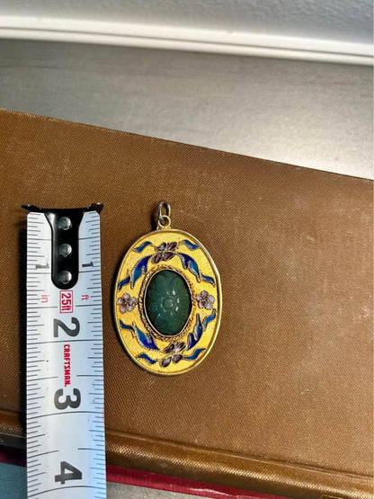 Vintage Chinese Export Carved Genuine Jade & Floral Enamel Brooch Pendant