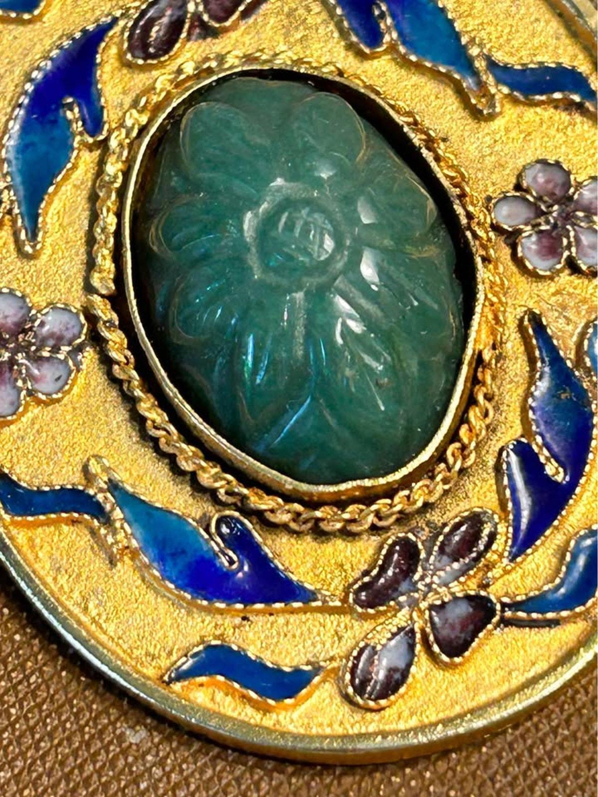 Vintage Chinese Export Carved Genuine Jade & Floral Enamel Brooch Pendant