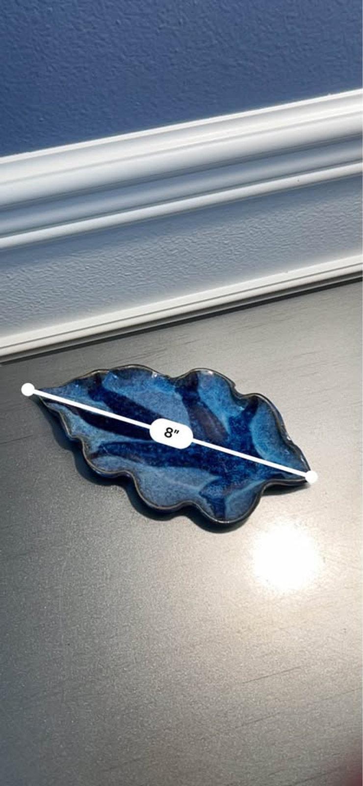 Sturbridge Pottery Blue Leaf Dish – Handcrafted Stoneware Trinket Tray