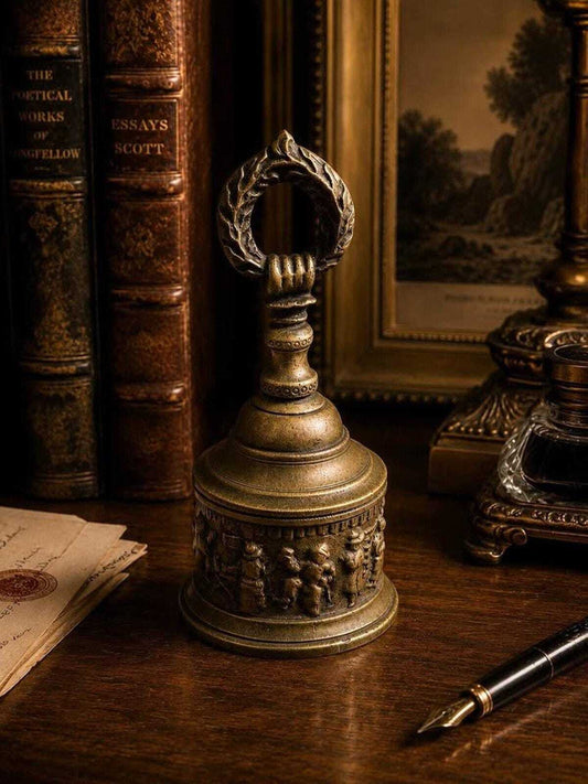 Vintage Cast Brass Tavern Scene Hand Bell with Wreath Handle