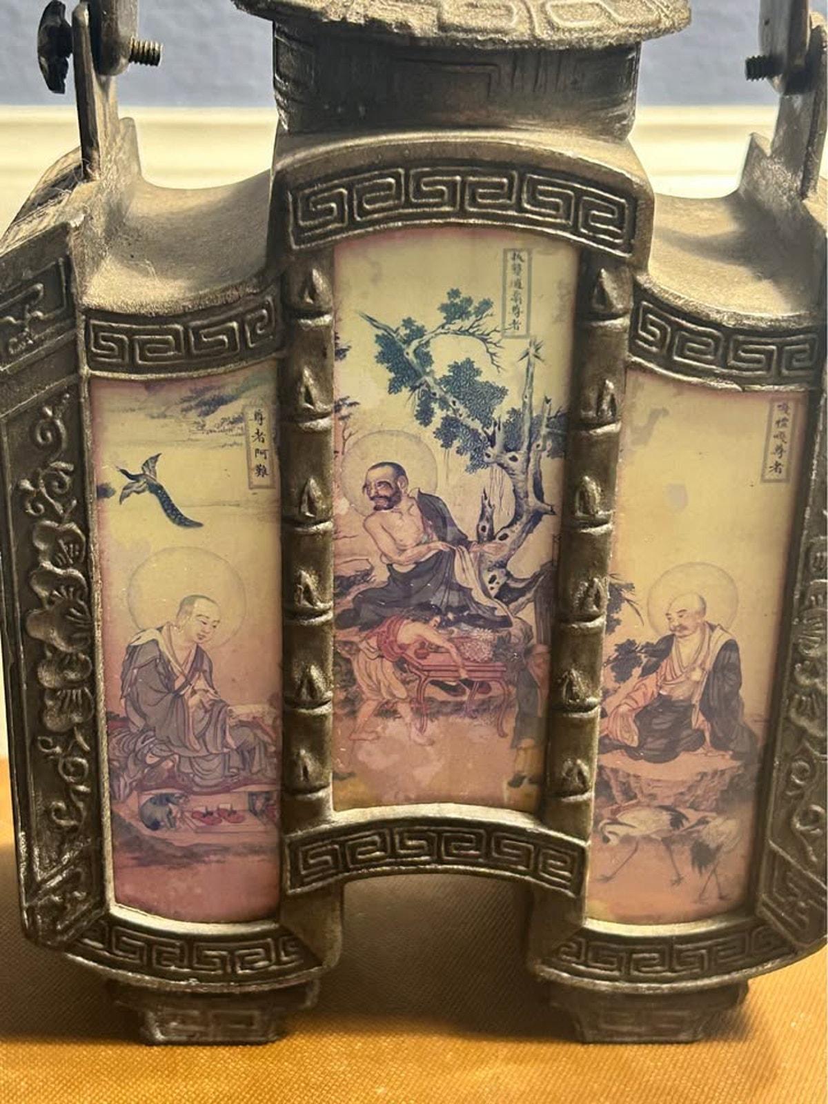 Vintage Chinese Pewter Teapot with Reverse Painted Glass Luohan Panels