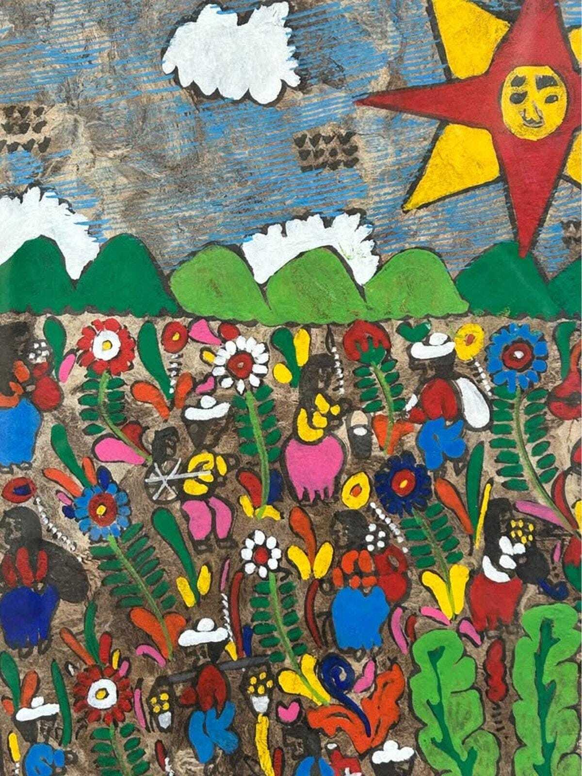Vintage Mexican Amate Bark Painting – Nahua Folk Art Wedding Scene