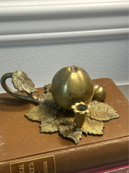 Antique Cast Brass Pomegranate Inkwell & Taper Candle Holder on Detailed Leaf Base