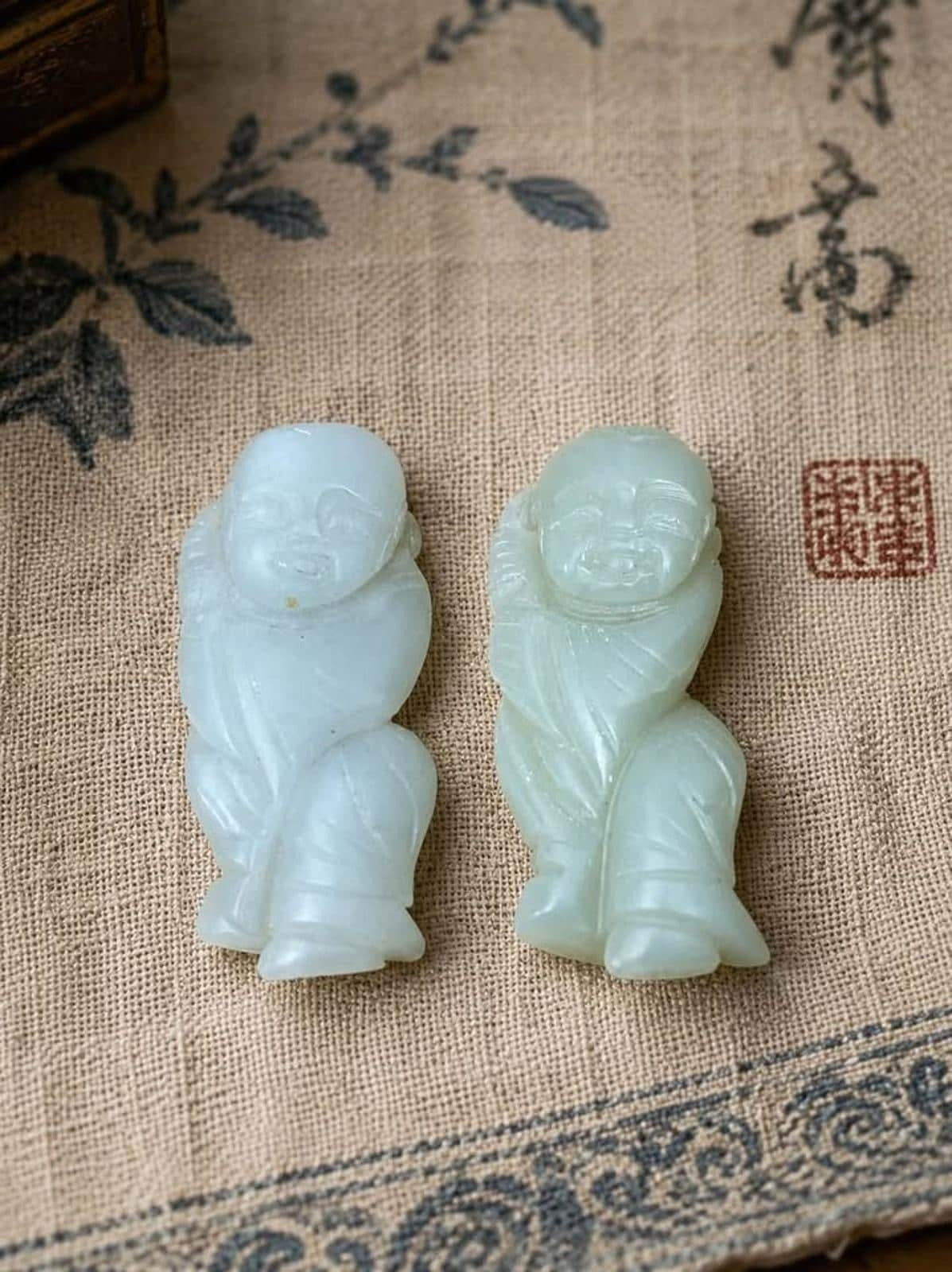 Antique Chinese Carved White Jade Tongzi Pendants Pair