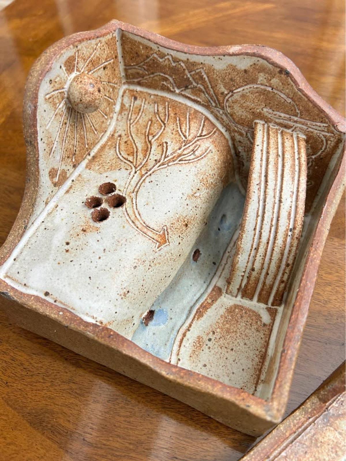 Vintage Studio Pottery Diorama Puzzle Box Incense Burner With Secret Landscape Interior