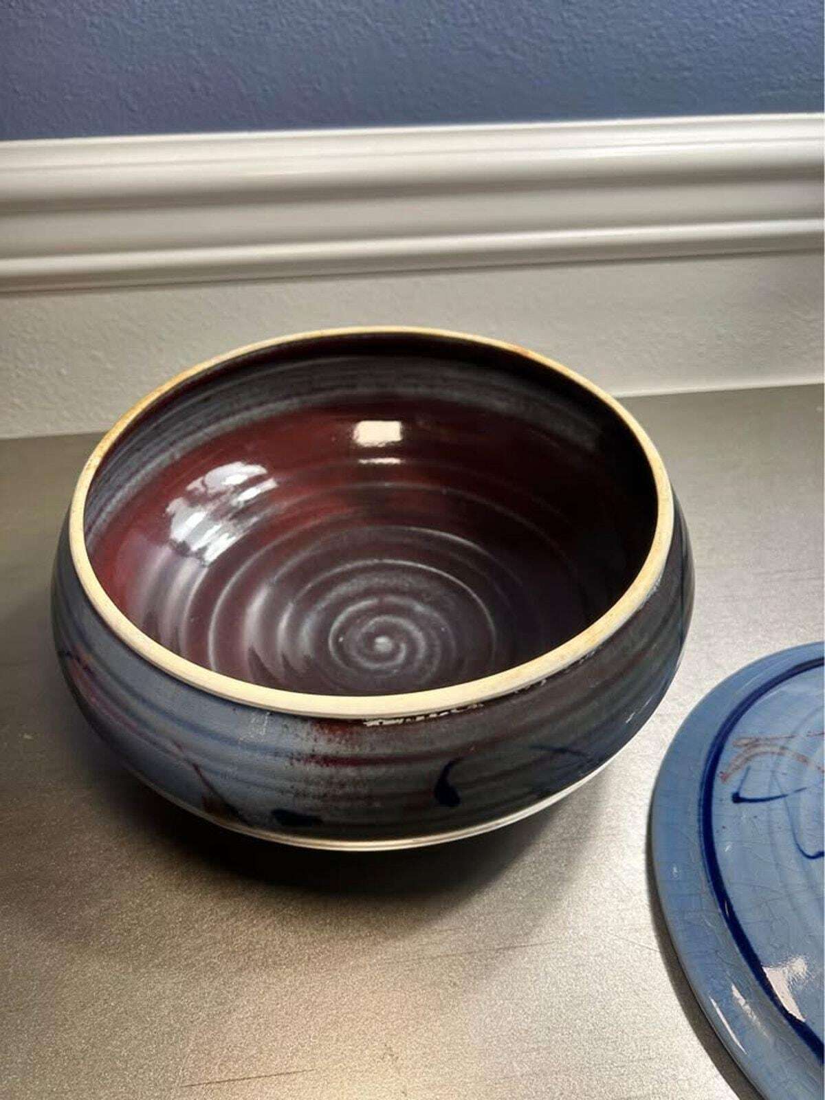 Signed Studio Pottery Covered Bowl | Blue Crackle Glaze & Spiral Knob