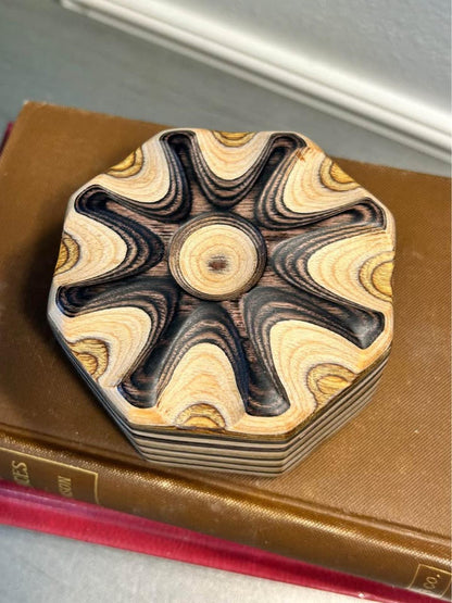 Artisan Carved Layered Wood Hexagonal Trinket Box with Magnetic Lid