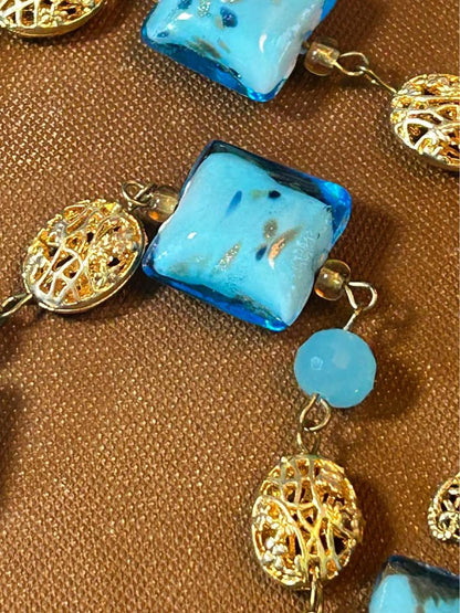 Vintage Murano Glass Millefiori Pendant Necklace Blue Foil Beads