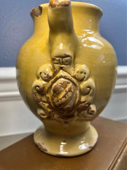 Leona Italy 1960s Handworked Yellow Pottery Pitcher - Rustic Relief Crest
