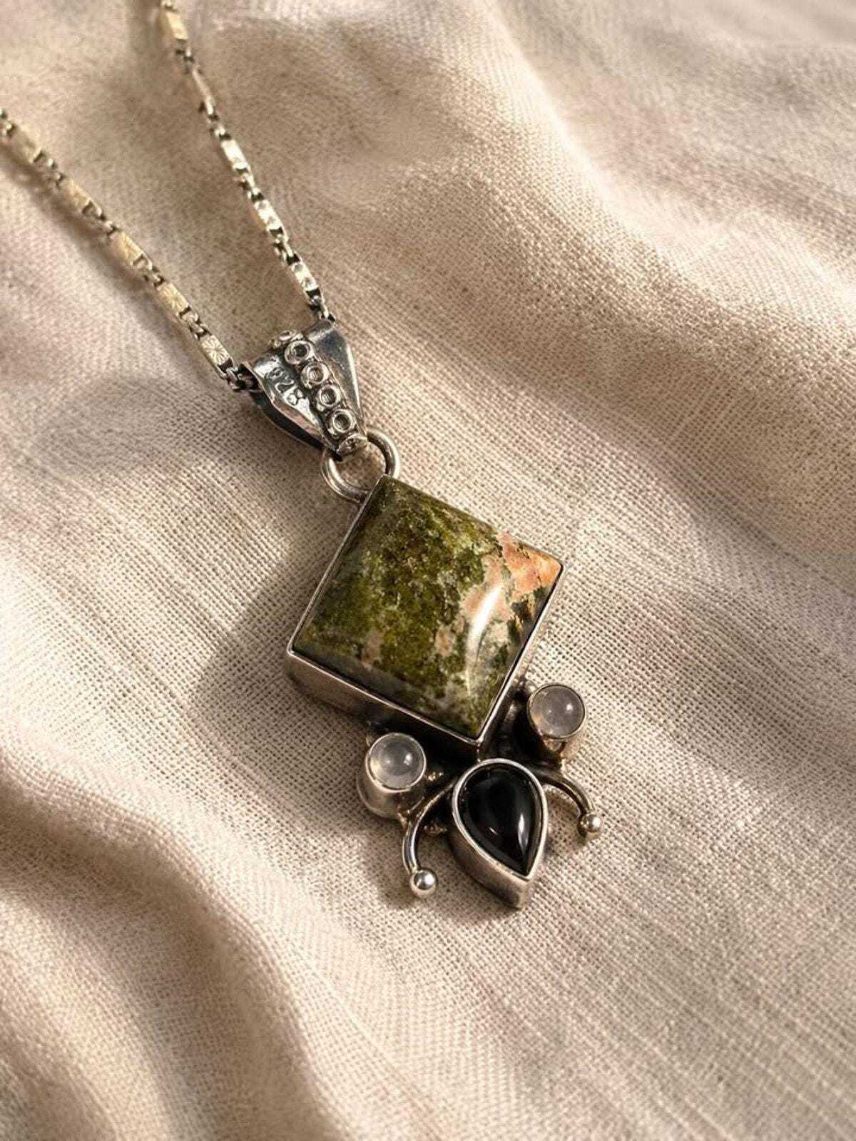 Vintage Sterling Silver Artisan Unakite & Onyx Pendant with 925 Italy Pagoda Chain