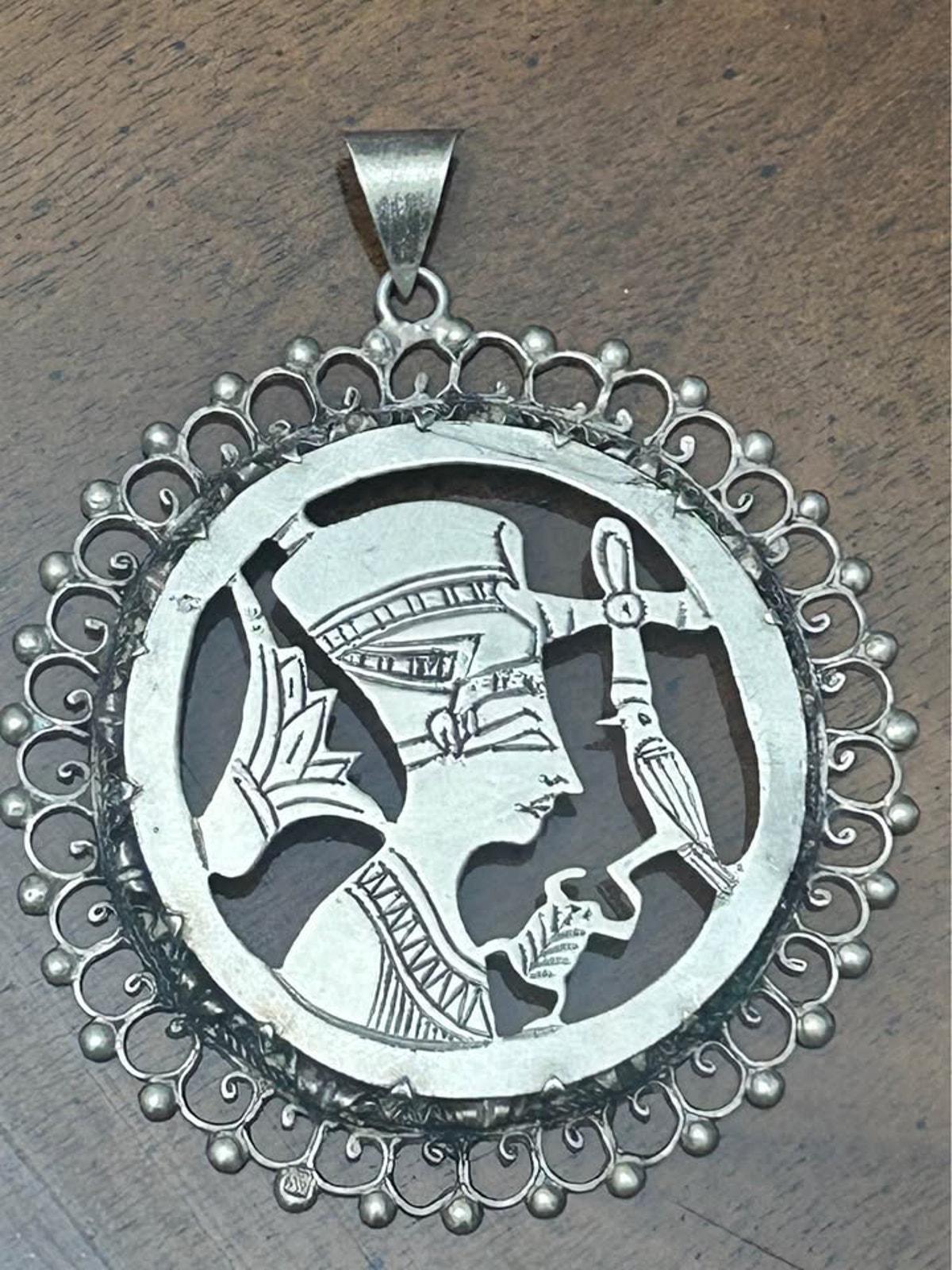 Vintage Egyptian Revival Sterling Silver Nefertiti Pendant Large Cut Out Medallion