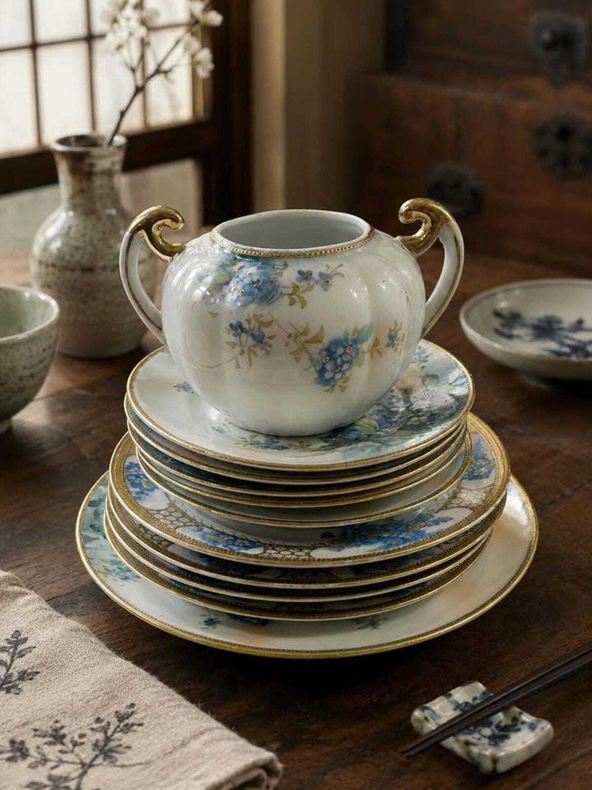 Antique Nagoya S.N.B. Nippon Hand-Painted Blue Floral Porcelain Partial Set