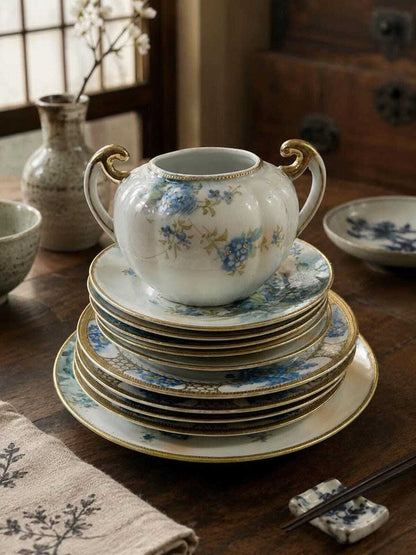 Antique Nagoya S.N.B. Nippon Hand-Painted Blue Floral Porcelain Partial Set