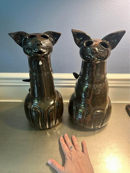 Gramsie Signed Studio Pottery Long Neck Cat Sculptures - Pair