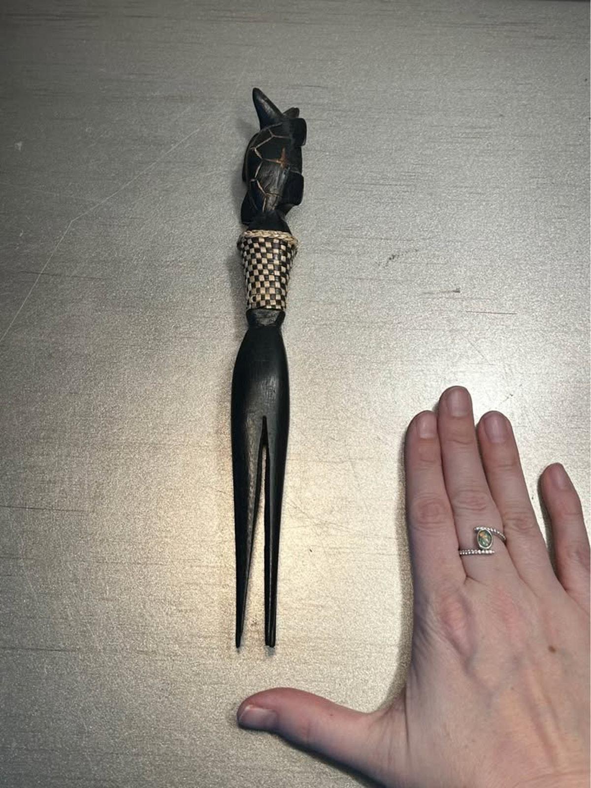 Vintage Kenyan Wood Turtle Salad Fork - Hand-Carved Ebony and Woven Raffia - 10 Inches